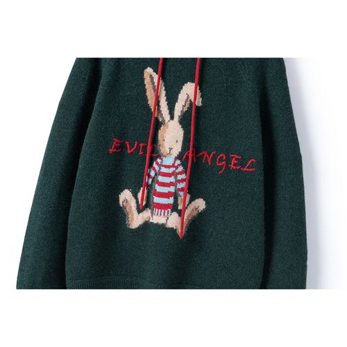 可爱卡通兔~纯羊绒衫女连帽套头羊绒针织毛衣打底衫加厚