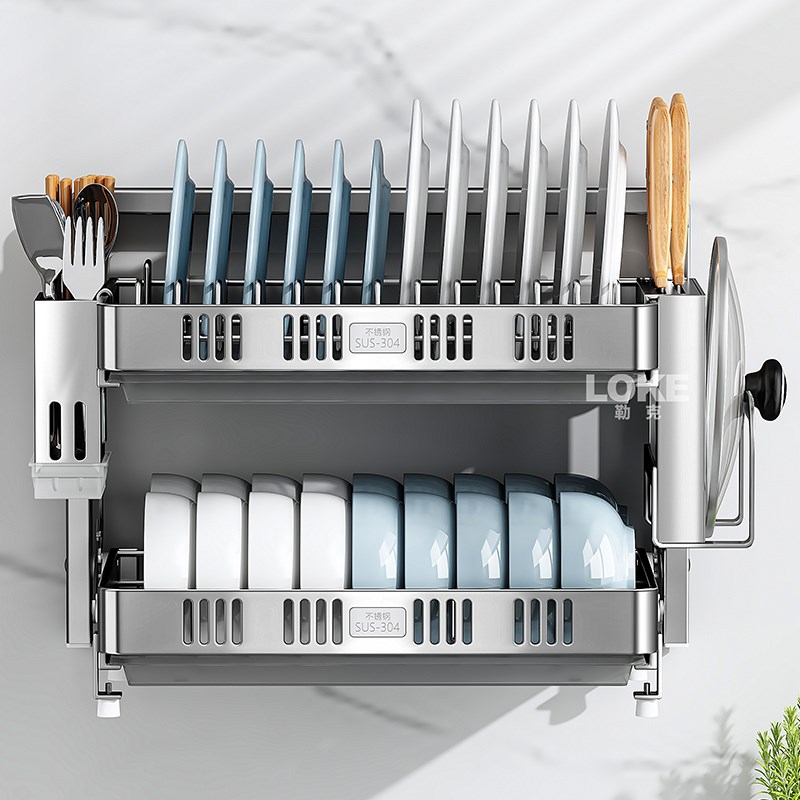 304不锈钢壁挂式碗碟沥水架厨房置物架免打孔碗筷碗盘碗架收纳架