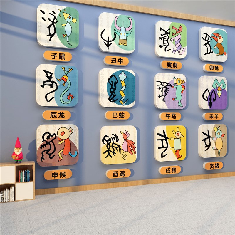 十二生肖贴纸甲骨文象形字幼儿园墙面装饰创意画环创主题成品文化