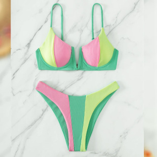 三角沙滩分体泳装 2024新款 拼接钢托比基尼 时尚 泳衣女款