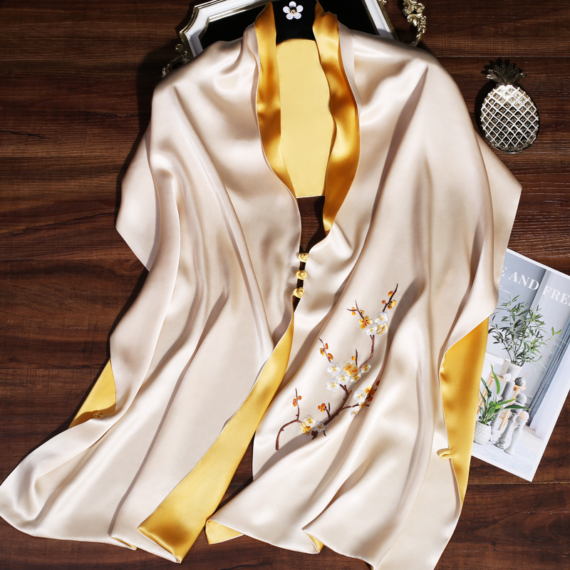 旗袍披肩女真丝春秋冬季手工苏绣桑蚕丝丝巾两用礼服外搭妈妈围巾