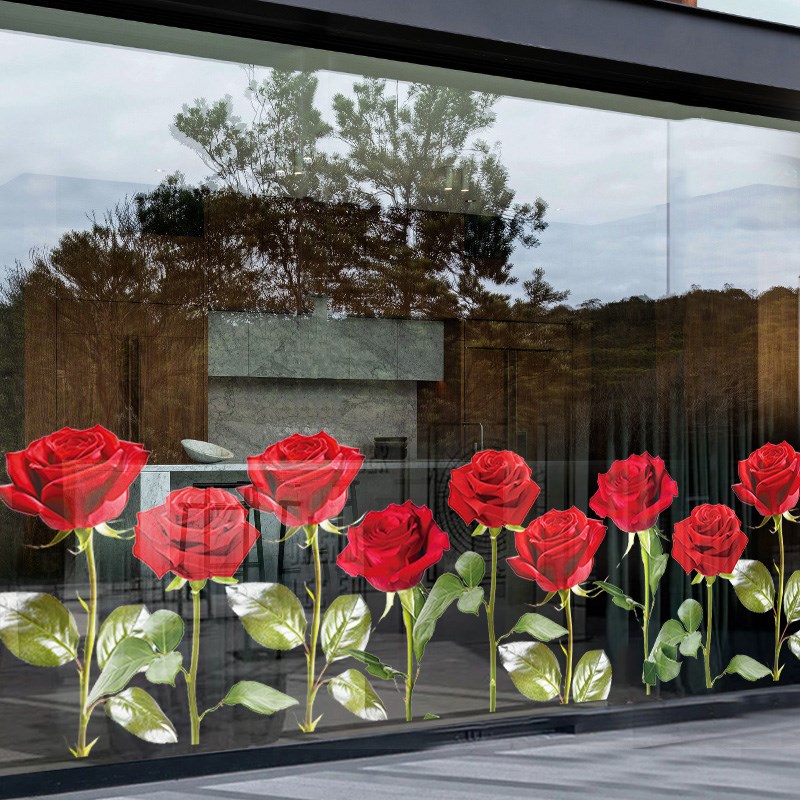 520情人节装饰布置橱窗贴纸玫瑰花商店黄金珠宝店铺玻璃门静电贴