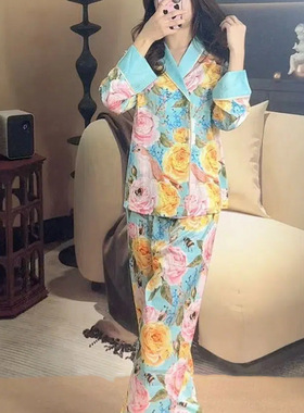 春夏油画鲜花休闲居家清凉睡衣V领套装女舒适时尚洋气两件套女装