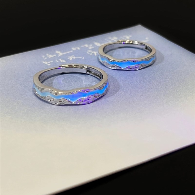 不规则纹理e发光开口对戒光年之境925银夜光冷珐琅情侣戒指情人节
