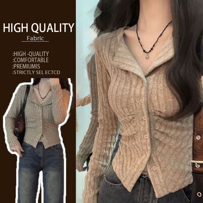 美拉德不规则v领长袖针织衫开衫女秋季秋冬修身内搭打底短款毛衣