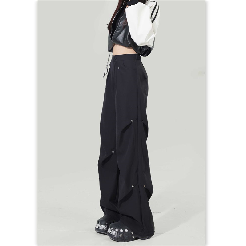 拉夏贝尔黑色工装裤女2025新款秋冬加绒加厚阔腿直筒伞兵休闲裤子