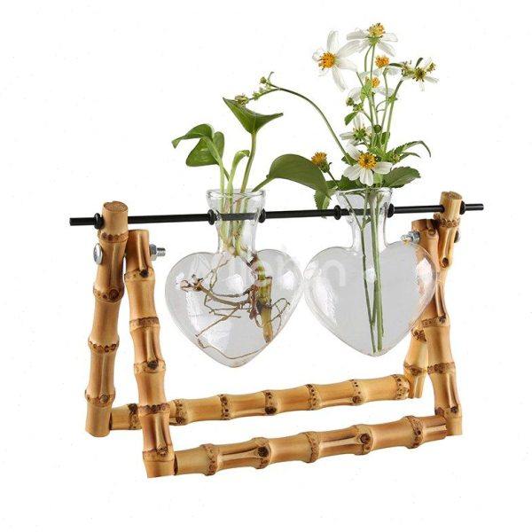 创意新款桌面装饰品摆件竹节根木架心形玻璃瓶水培绿萝植物养花器