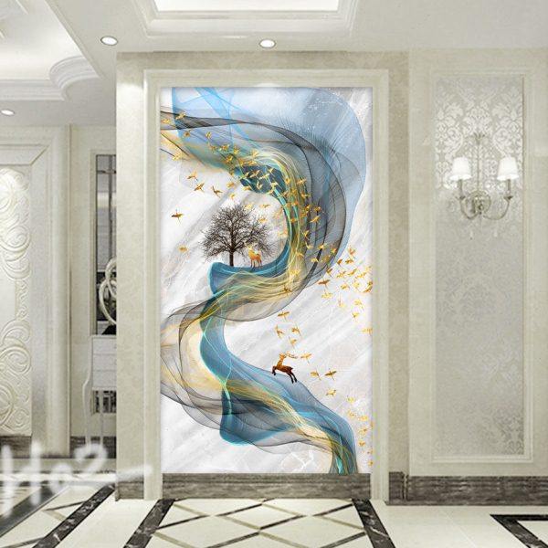 现代简约艺术抽象麋鹿墙纸背景墙装饰画壁纸走廊过道玄关壁画竖版