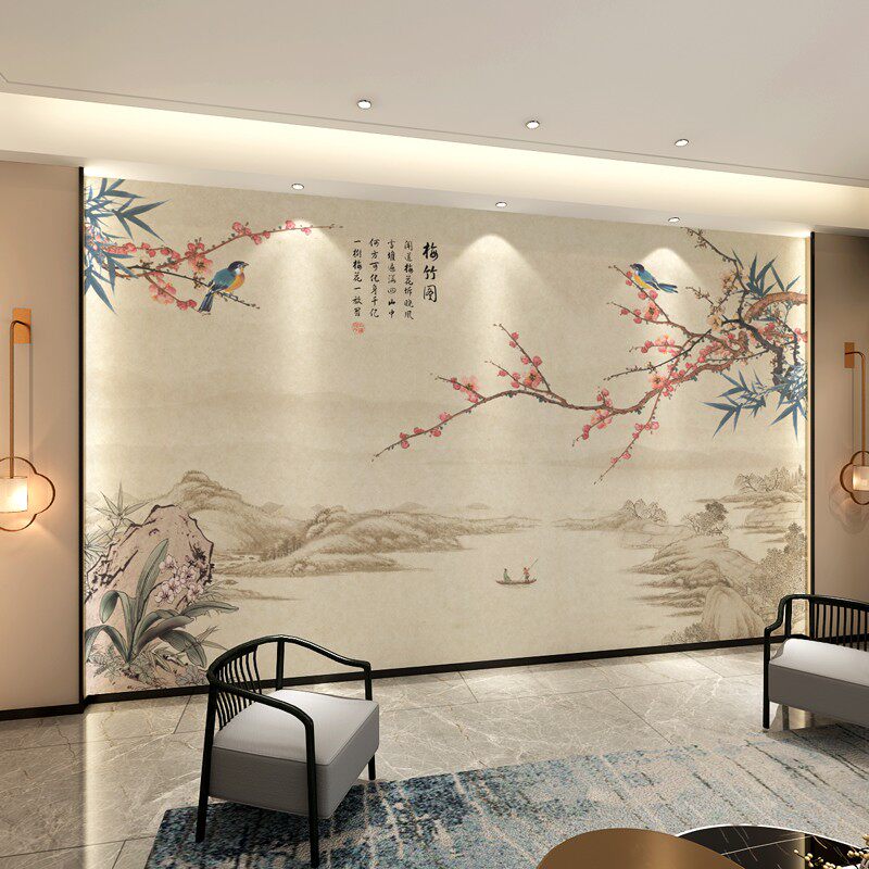新中式古典花鸟装饰护墙板竹木纤维电视背景墙板客厅卧室集成墙板