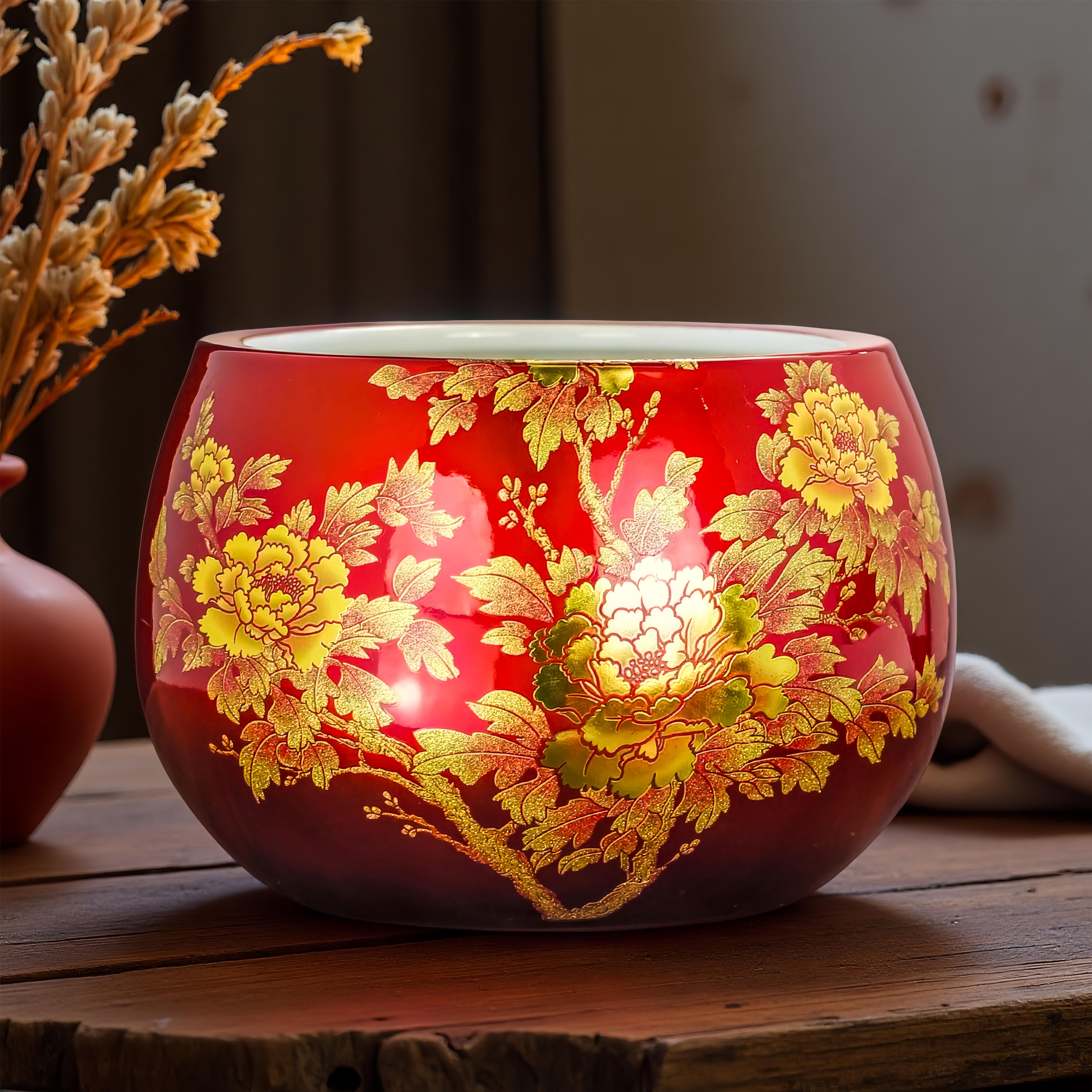 景德镇陶瓷花盆盆栽器皿无孔鱼缸乌龟缸家用庭院盆景中国红金牡丹