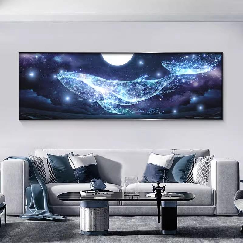 现代简约抽象鲸鱼横幅客厅墙壁画挂画卧室床头背景墙装饰晶瓷镶钻