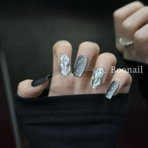 Boo黑曜石~黑色猫眼纯手工穿戴甲轻奢简约小众高级感碎钻爆闪美甲