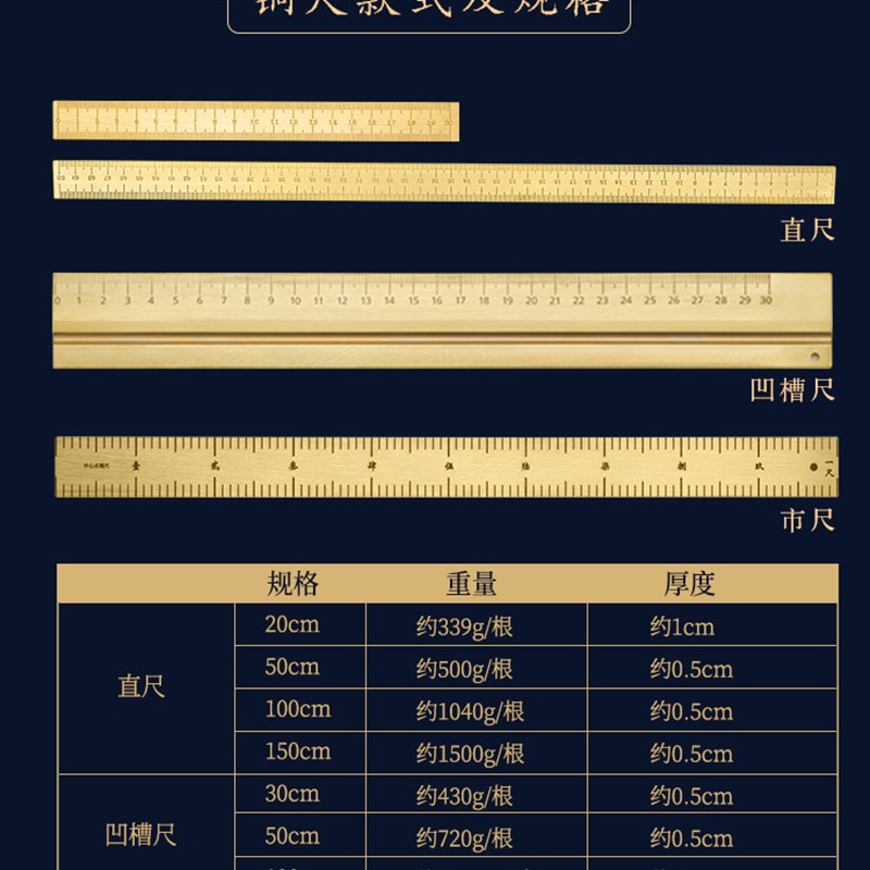 黄铜尺子实心直尺精雕刻度加厚一米绘图工具尺书画一尺两用定制