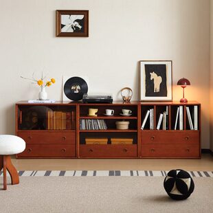 实木家具边柜/自由组合柜落地书柜万收纳小展示柜复古客厅电视柜
