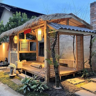 户外茅草木屋别墅民n宿网红小木屋花园造景庭院茶室农家乐茅草屋