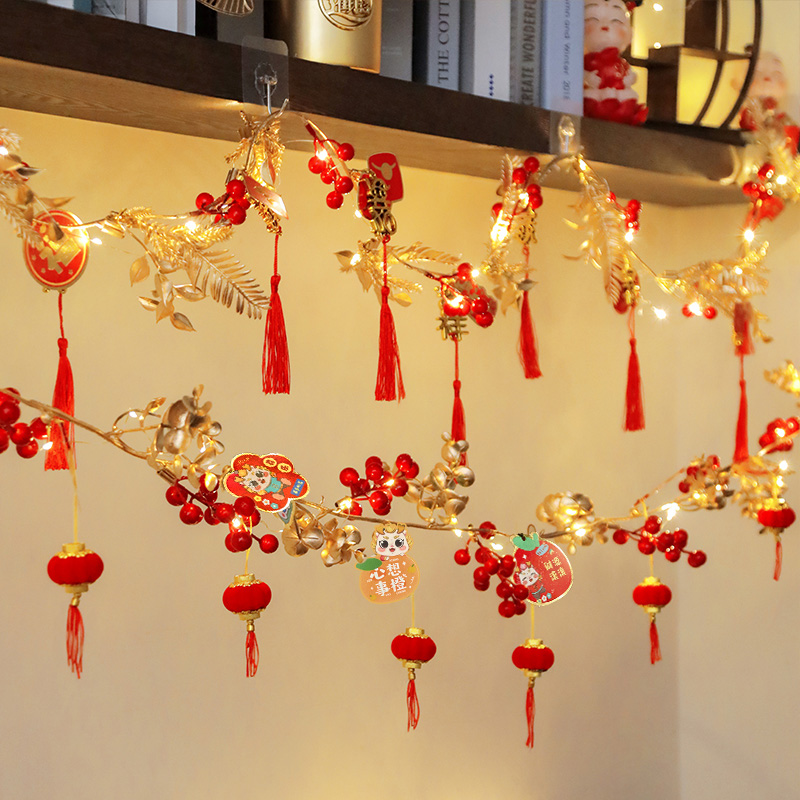新年装饰品挂件藤条灯笼串发光过年家用2024P新款龙年春节挂饰布