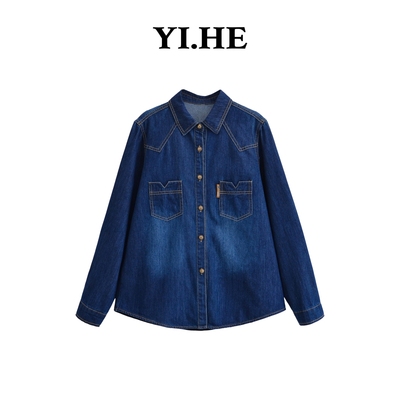 YIHE春季新款牛仔翻领金属扣衬衫
