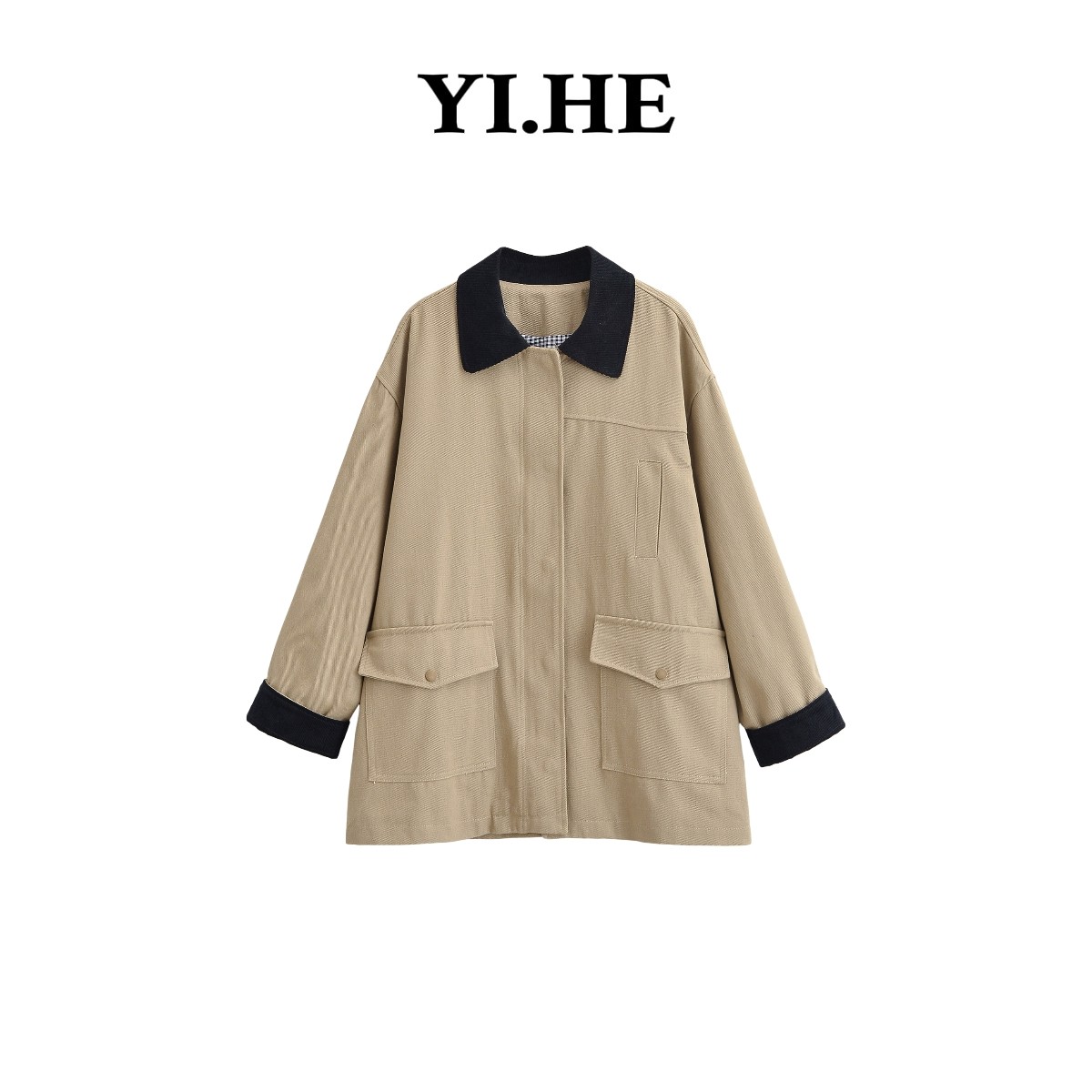 YIHE/2026春季新款简约撞色翻领中长款风衣外套休闲通勤女-NZ2593
