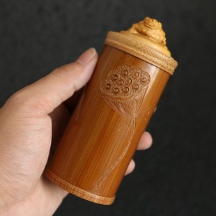 苏工精制老玉竹茶叶罐纯手工雕刻三足金J蟾莲蓬多子多福茶道茶仓