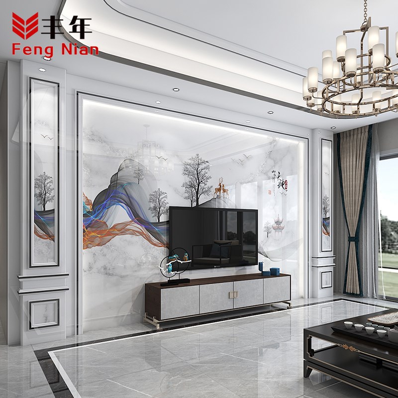 现代简约轻奢电视背景墙岩板大板瓷砖新中式客厅大理石.影视墙造