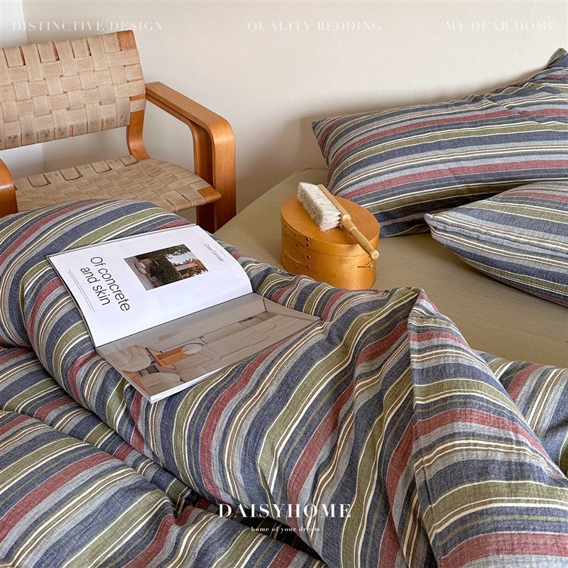 DAISYHOMEk中古彩色条纹双层纱100纯全棉撞色轻奢母婴级四件套床