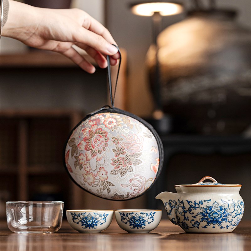 米色纠缠莲花手持茶壶p2杯陶瓷片存储便携式户外露营式旅行茶具