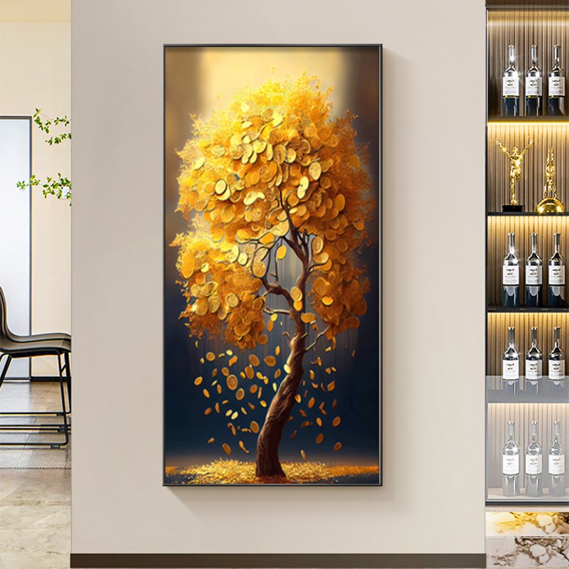 轻奢发财c树玄关装饰画入户正对门走廊过道尽头挂画高级感大气壁