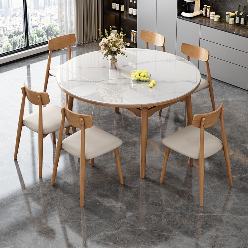 岩板餐桌椅组合 轻奢高端u小户型餐厅家用长方形方桌可变圆桌实木