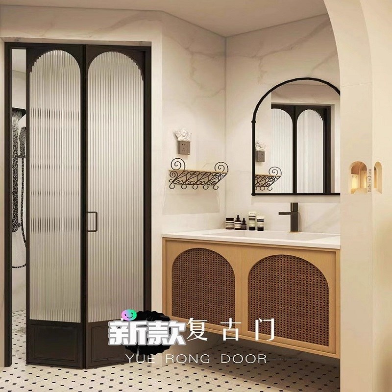 法式玻璃门e折叠门黑色阳台复古吊轨卫生间厨房客厅海棠花平开门