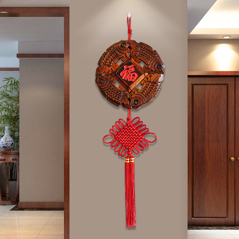 墙壁装饰物字木雕挂件p圆形餐厅墙面新中式墙饰免打孔入户门挂饰