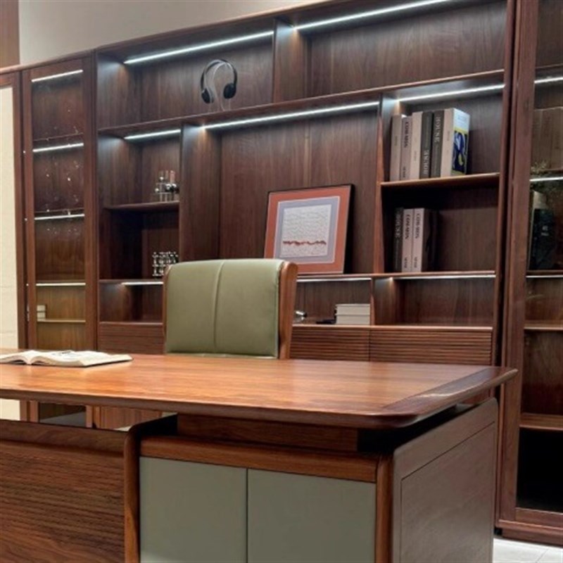 新中式办公桌实木书桌两用简约现代总裁桌北美黑胡桃木Z老板办公