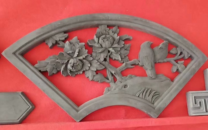 扇形砖雕 仿古砖雕中式影壁墙照壁D扇形装饰 扇形梅兰竹菊中式浮