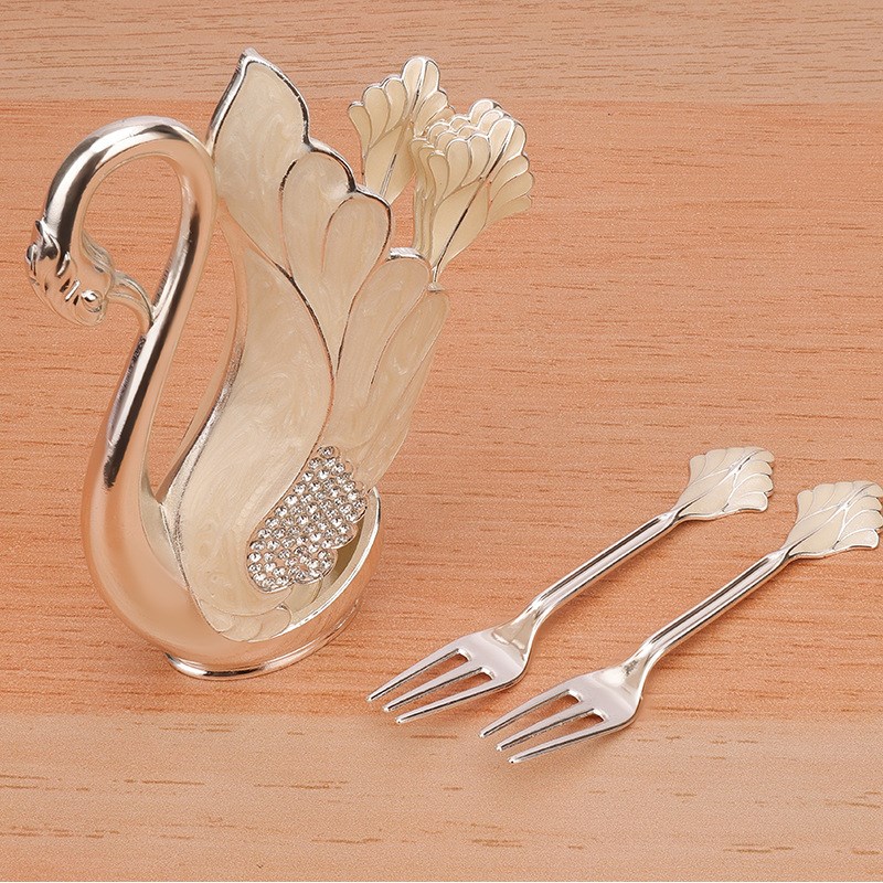 欧式轻奢叉子镶钻天鹅勺子金银色天鹅架子L天鹅装饰摆件合金工艺