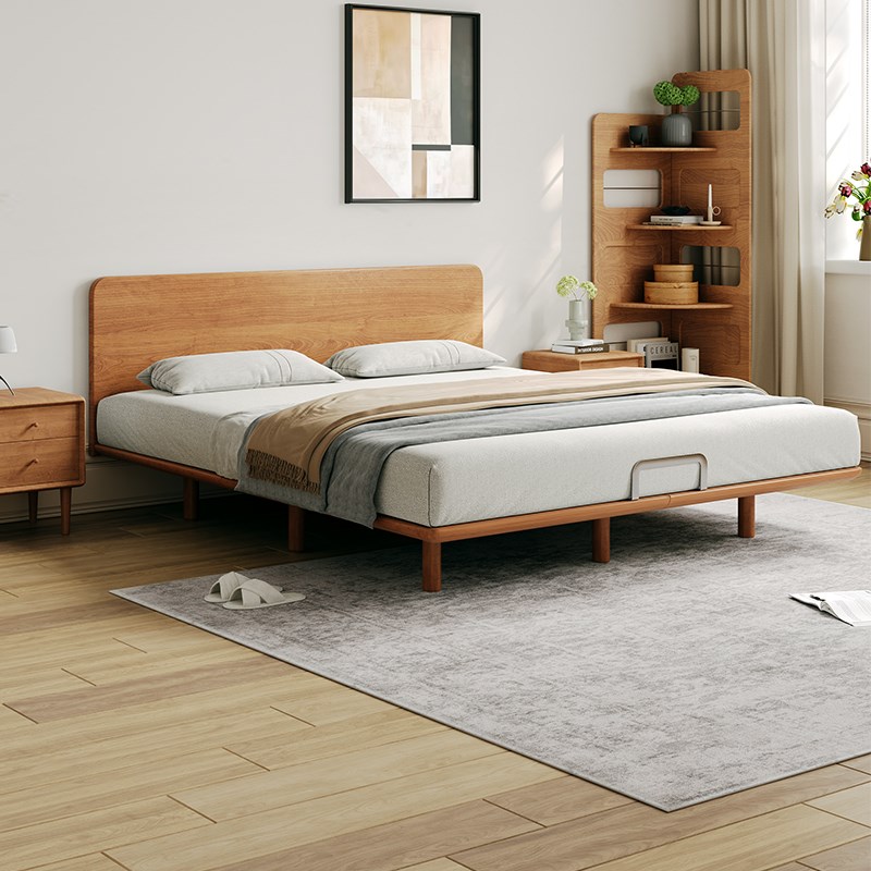 樱桃木简约大气悬浮床主卧中古风全实木床小户型可定制1.米8双人