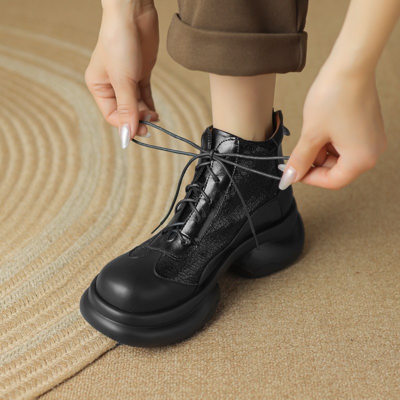 2023冬新款厚底系带银色马z丁靴女粗跟松糕底圆头拼色复古短靴