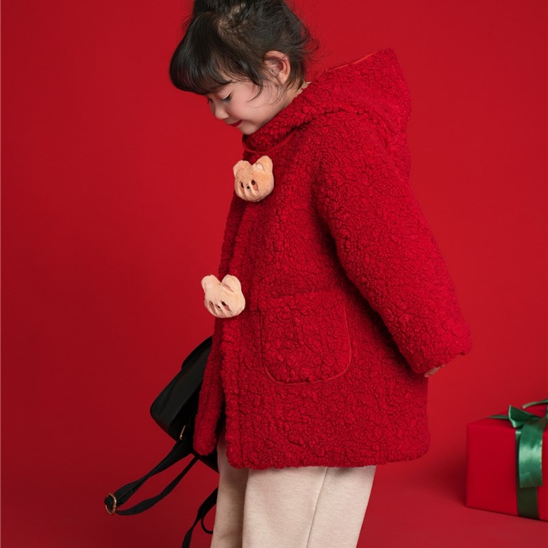 羊羔绒外套女童2024新款冬季中长款红色加厚N儿童毛呢大衣女宝冬