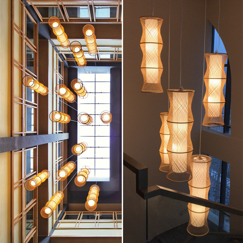 楼梯长吊灯复式楼挑高饭店灯田园风中H式复古民宿禅意茶室装饰灯