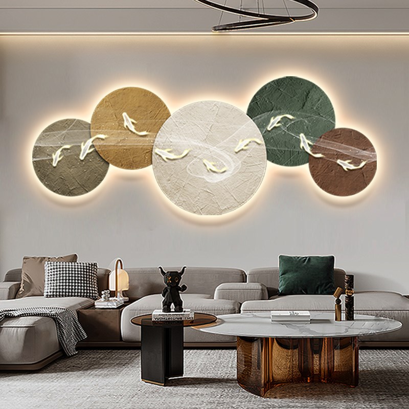 轻奢九鱼图客厅l装饰画氛围灯画创意圆形沙发背景墙发光画