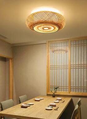 新中式现代简约创意竹编圆形客厅卧室儿童房led竹艺茶室吸顶灯