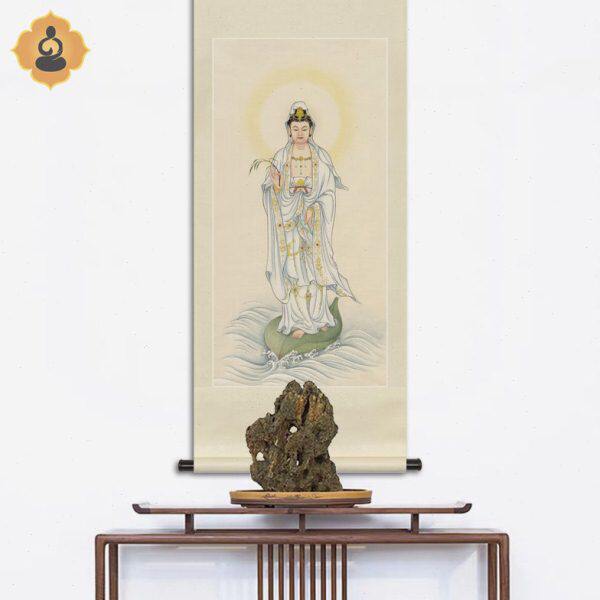 工笔人物国画一叶观音菩萨画像白衣观音洒水观音中式卷轴供奉挂画