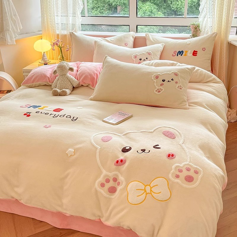 冬季保暖牛奶绒四件套双面绒加厚被套床单珊瑚绒R法兰绒公主风卡