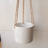 阳台景观盆 陶瓷盆白瓷盆麻绳可悬挂垂吊直筒圆形陶瓷花盆 2个 包邮