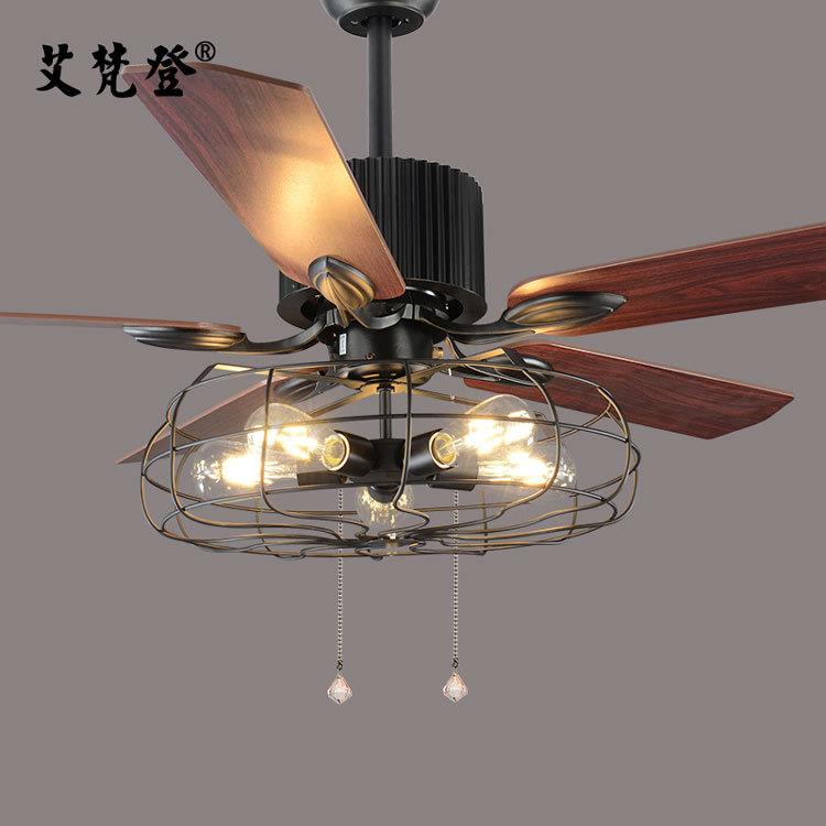 Loft工业风扇灯吊扇灯复古美式餐厅家用LED带电扇吊灯木叶遥控