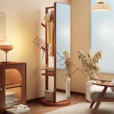 实木落地镜全身镜家用卧室可旋转移动穿衣镜子带挂衣架一体试衣镜