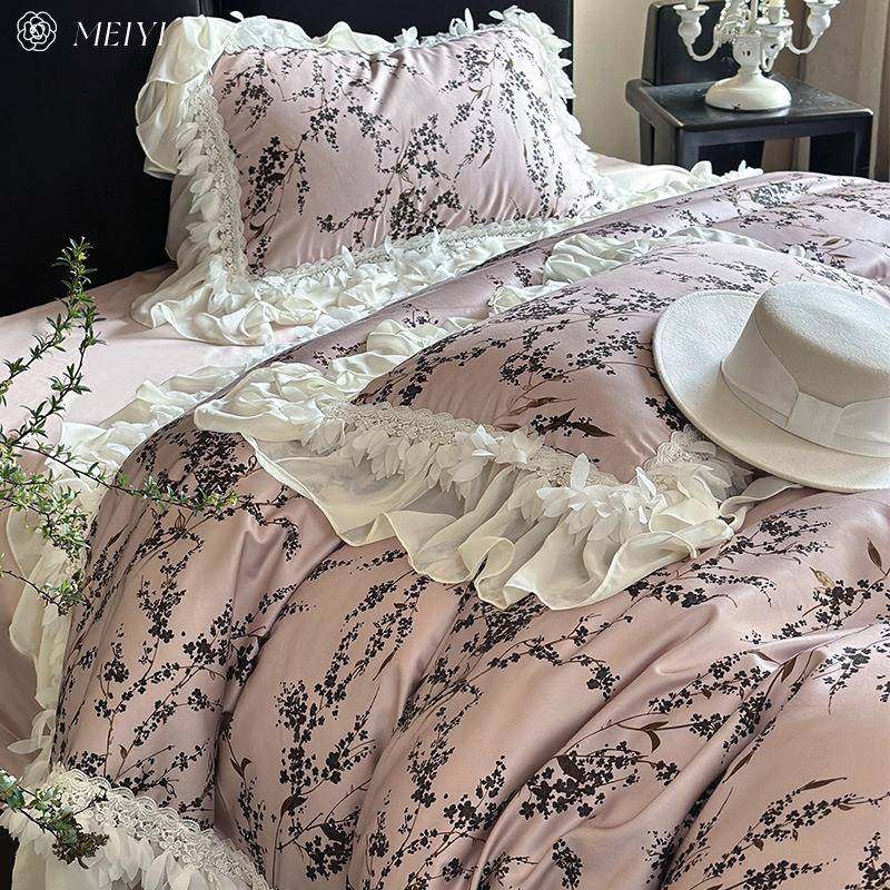 春夏公主风100S天丝长绒棉印花四件套法式被套罩床上用品