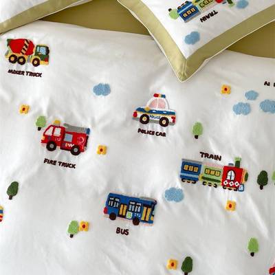 小汽车毛巾刺绣长绒棉磨毛四件套卡通可爱全棉儿童三件套