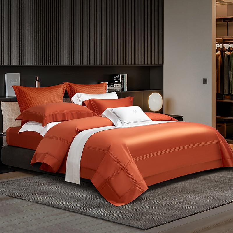 高端200支双股匹马棉床上用品四件套高定床品长绒棉被套床单桔色