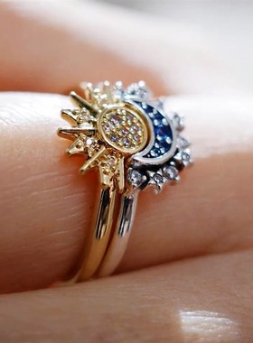 潘家新款日月同辉可叠戴组合双色z戒指IU满钻情侣对戒个性闪耀套