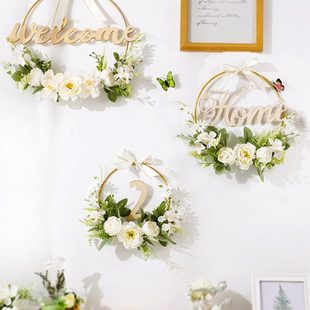 韩式高级感墙面装饰品墙壁隔栅挂件客厅卧室门上房间牡丹花环挂饰