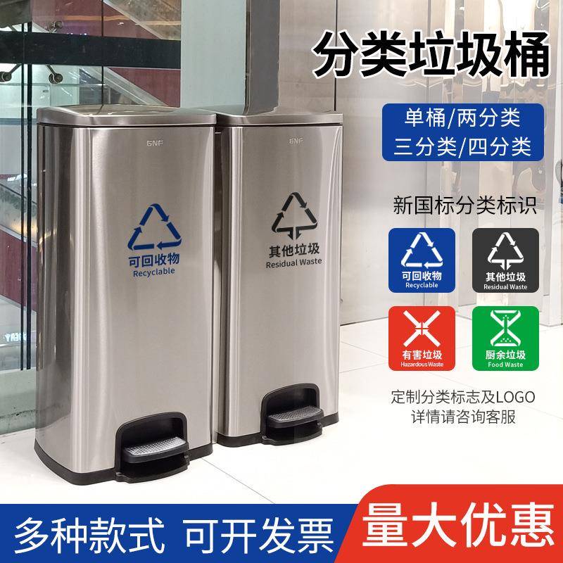 GPX-218H不锈钢带盖脚踏式分类垃圾桶商用家用别墅单位办公写字楼